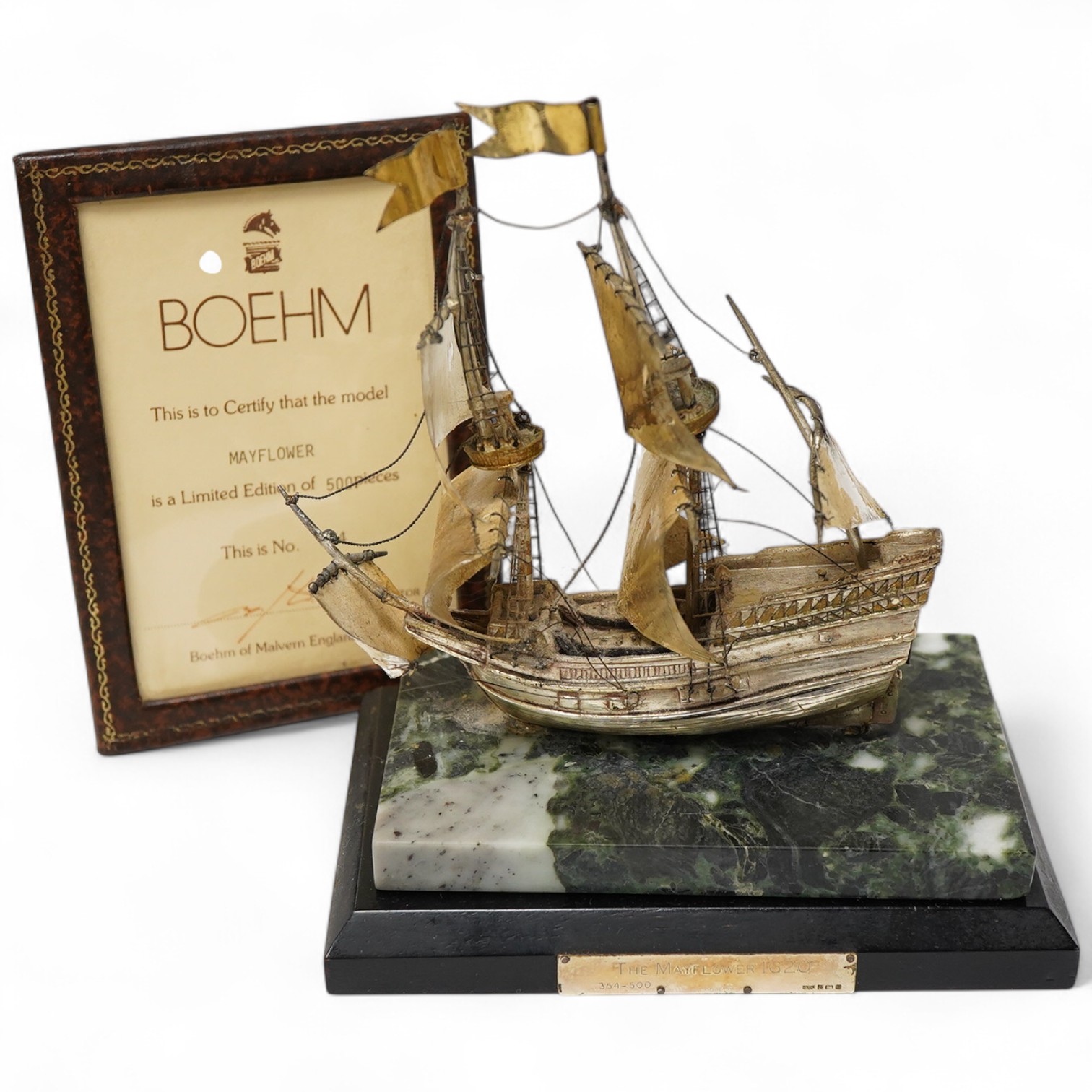 A modern miniature silver limited edition model of the Mayflower sailing ship, by Boehm of Malvern England, Birmingham, 1987, on a marble and wooden plinth base, no. 354/500, ship dimensions length 13cm, height 13.5cm, w